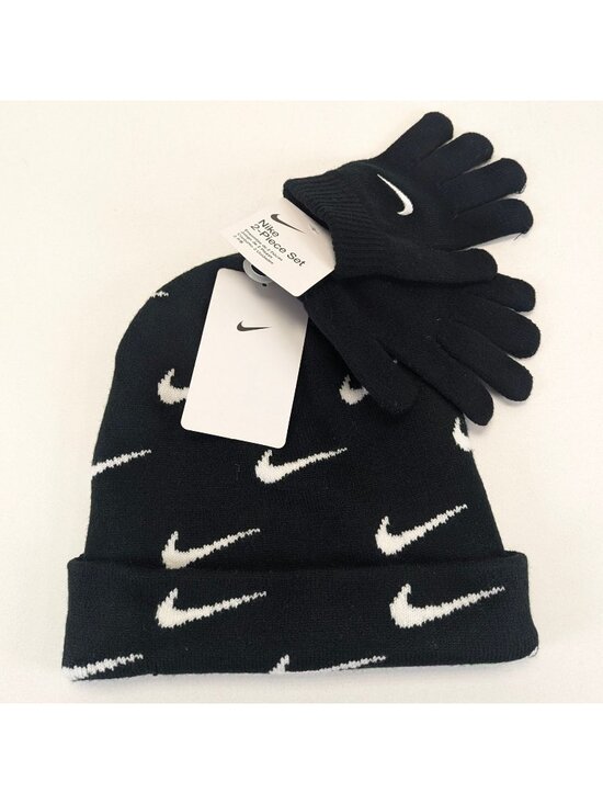 Nike Other - Nike Soft Stretch Folded Unisex Beanie Hat Gloves 2 Piece Kids 8 20 Black Swoosh